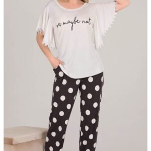 Kadın Pijama Takımı , Siyah, Puantiyeli, Kolu Dantel