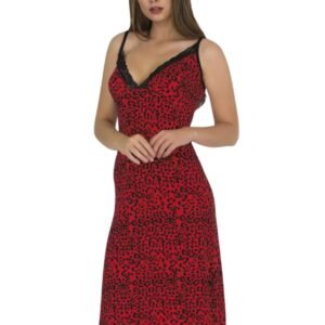 Kırmızı Leoparlı İnce Askılı Elbise